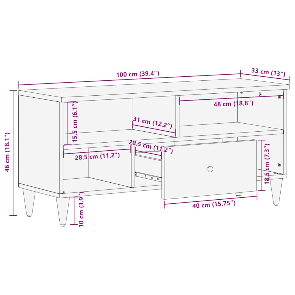 tv-bord 100x33x46 cm massivt mangotræ sort