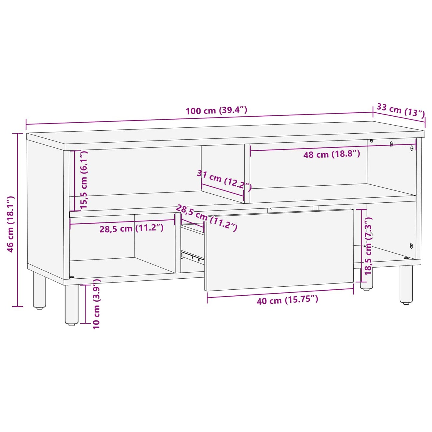TV-skab Hvid Vask Finish 100 x 33 x 46 cm Massivt mangotræ
