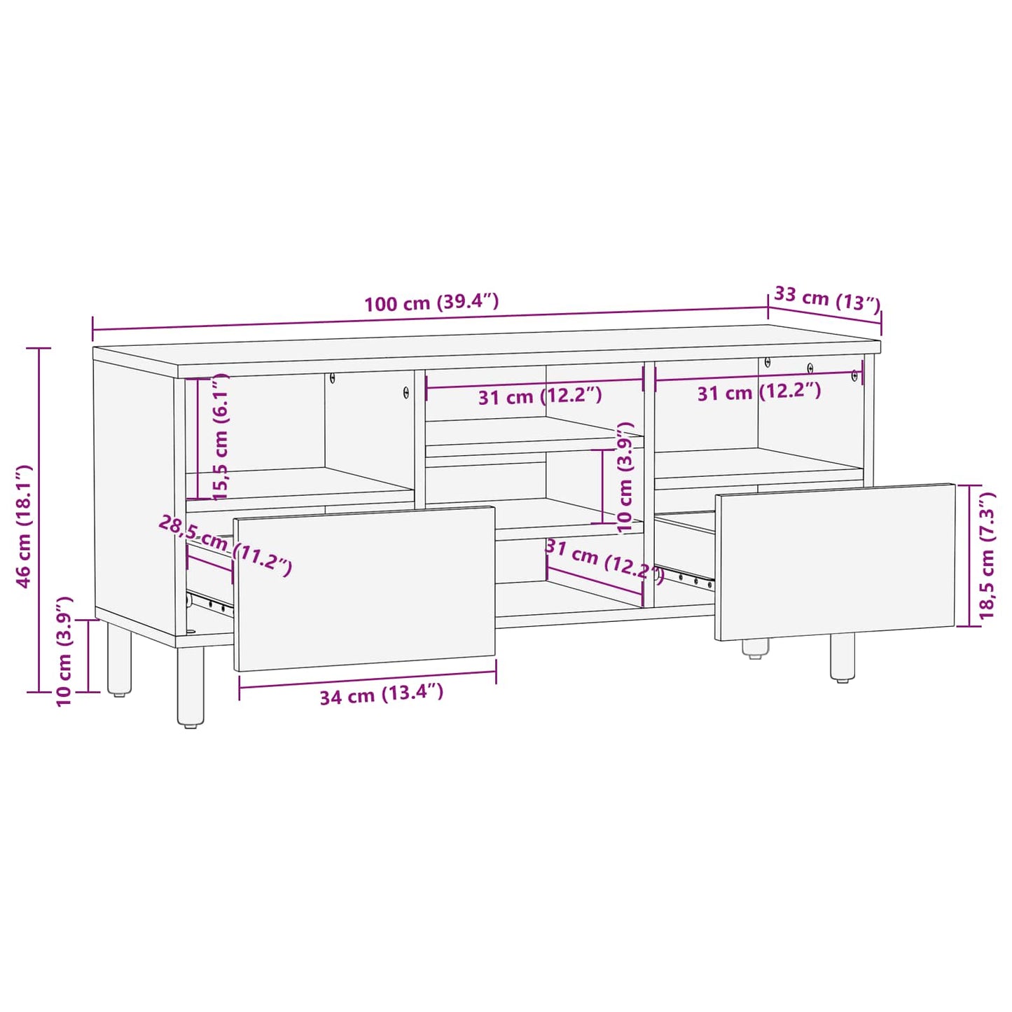 TV-skab Hvid Vask Finish 100 x 33 x 46 cm Massivt mangotræ