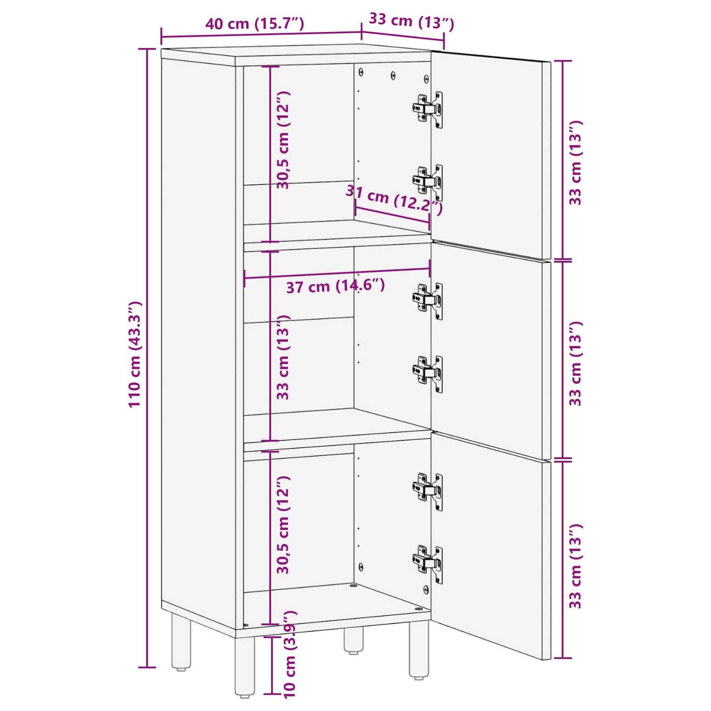 Highboard Hvid Vask Finish 40 x 33 x 110 cm Massivt mangotræ