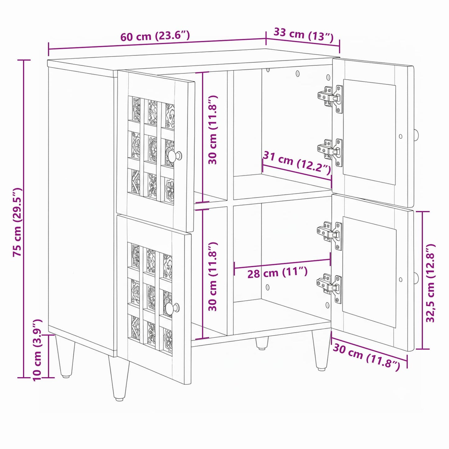 Sideboard med dør Naturfarvet 60 x 33 x 75 cm Massivt mangotræ