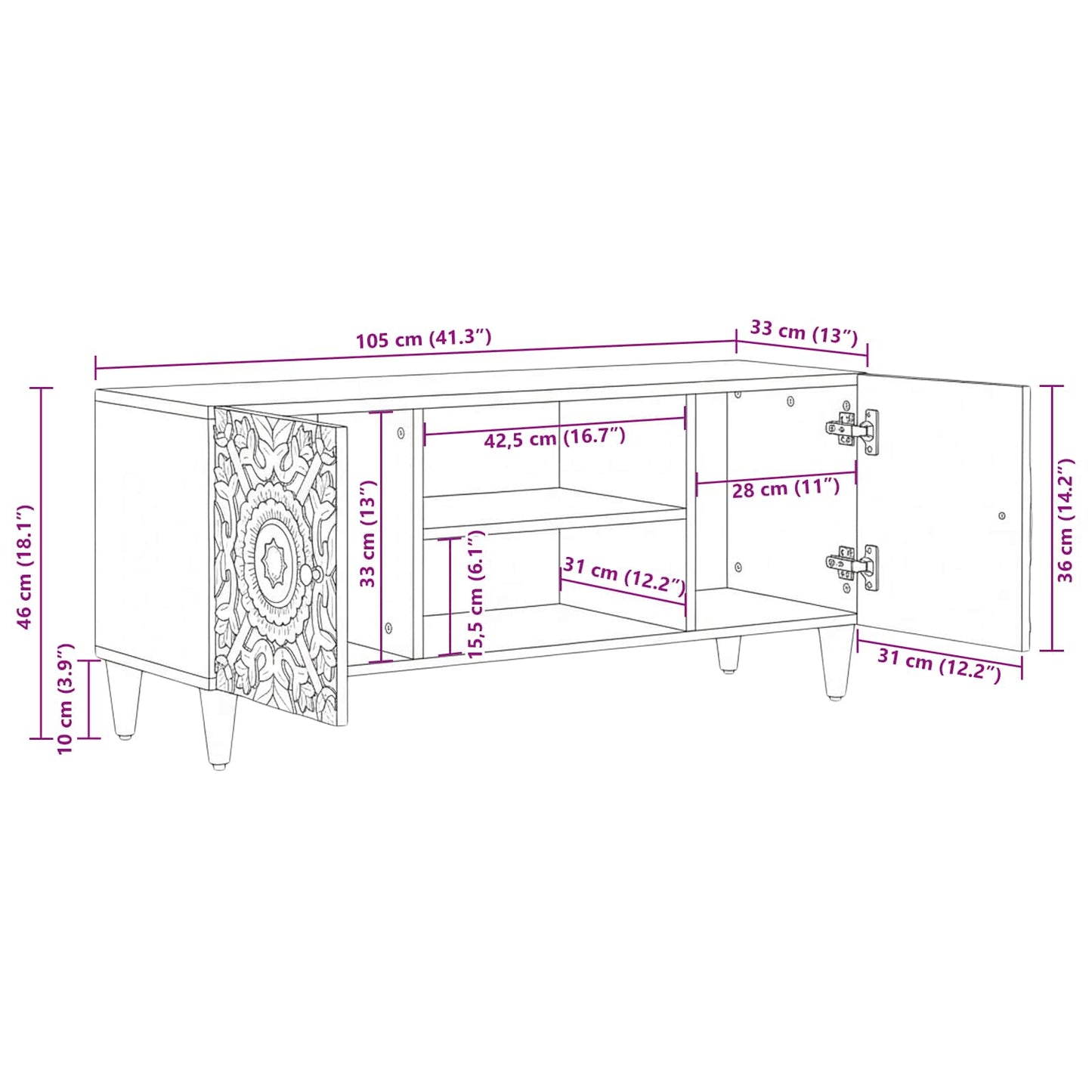 TV-skab med opbevaring Brun 105 x 33,5 x 46 cm Massivt mangotræ