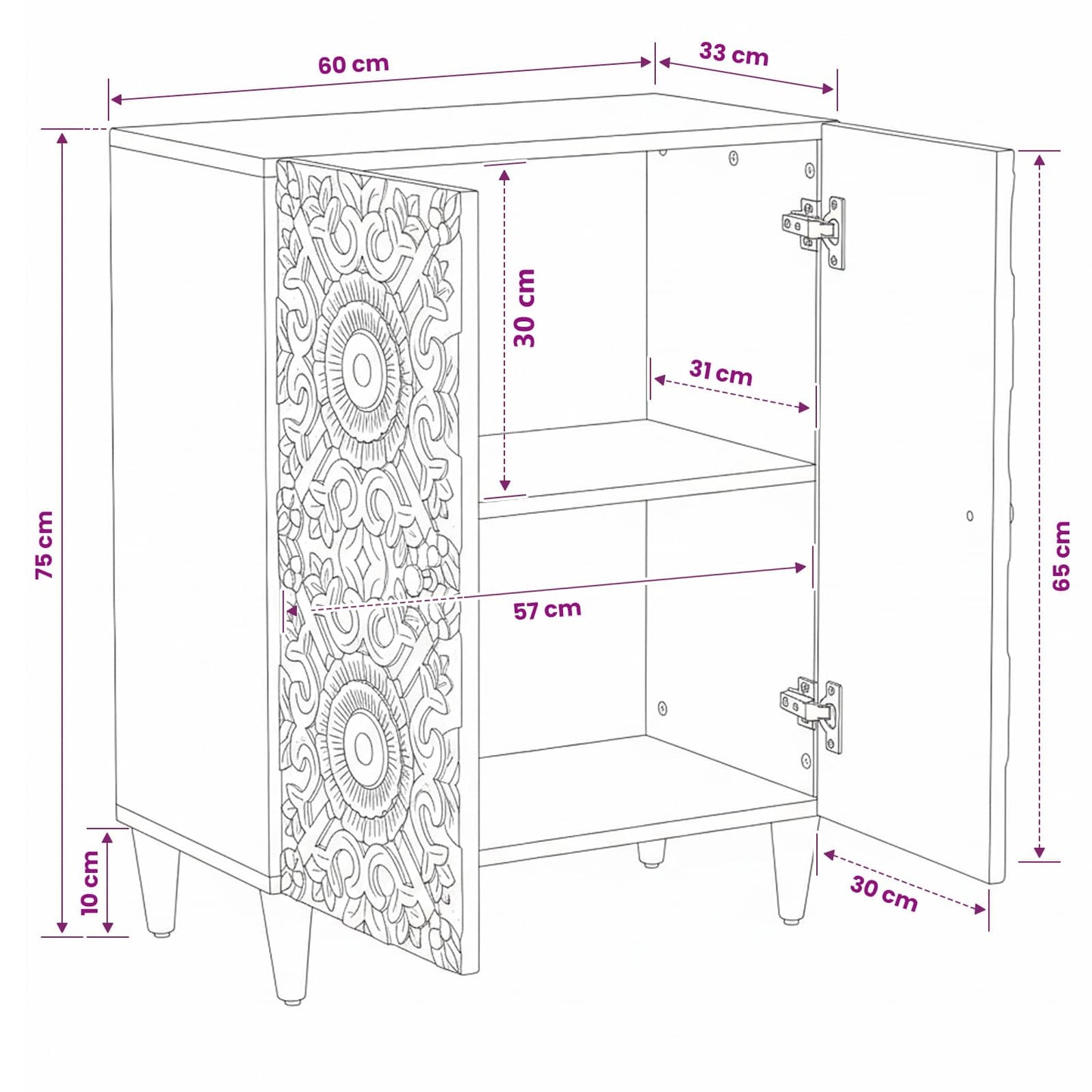 Opbevarings Sideboard 60 x 33,5 x 75 cm Massivt mangotræ Hvid