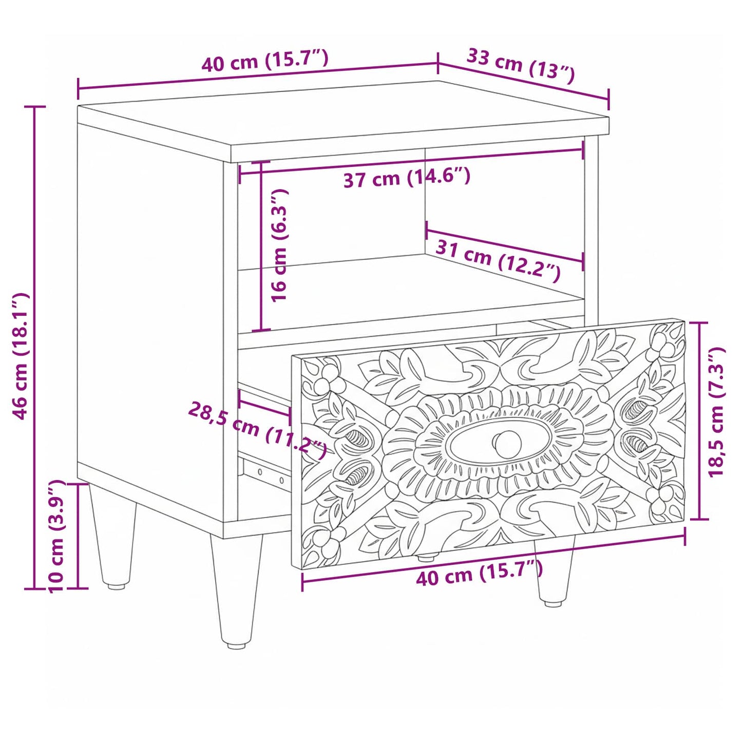 Sengekabinett 2 pcs Hvid 40 x 33 x 46 cm Massivt mangotræ