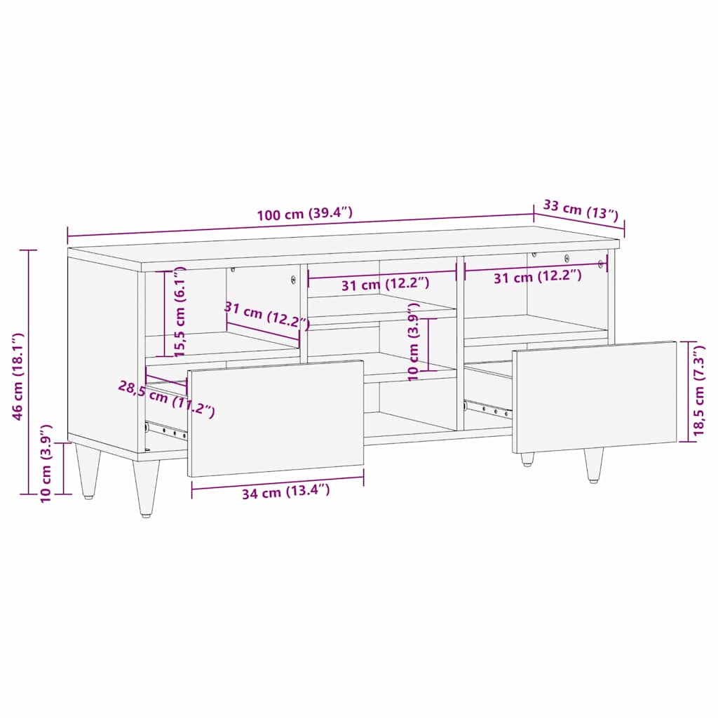 TV-skab med hylde Honningbrun 100 x 33 x 46 cm Massivt mangotræ