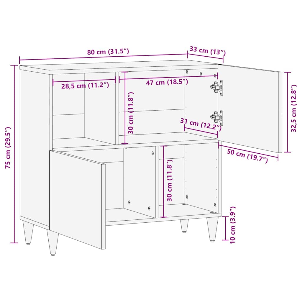 Sideboard med hylde Brun 80 x 33 x 75 cm Massivt mangotræ