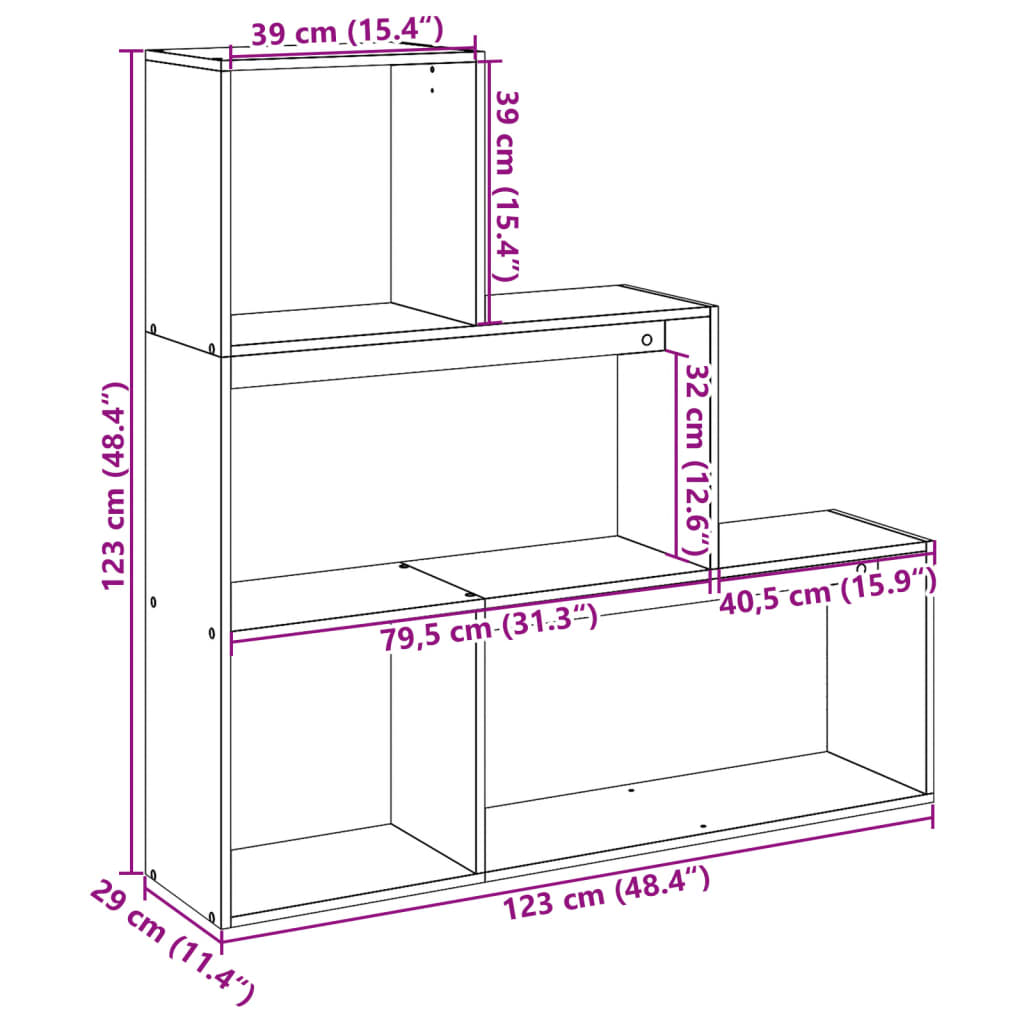 bogreol/rumdeler 123x29x123cm 3niveauer konstrueret træ kunsteg