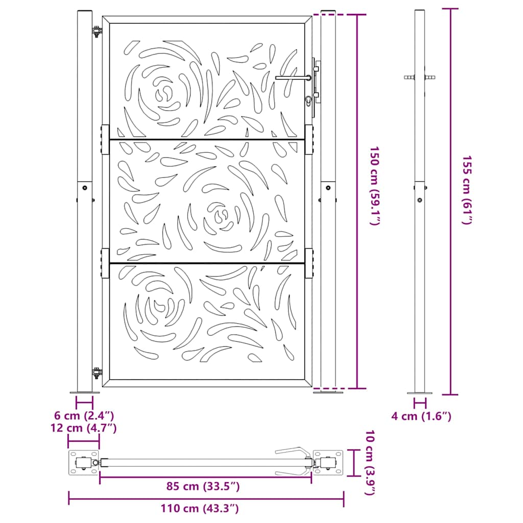 havelåge sort 100x150 cm stål flammedesign