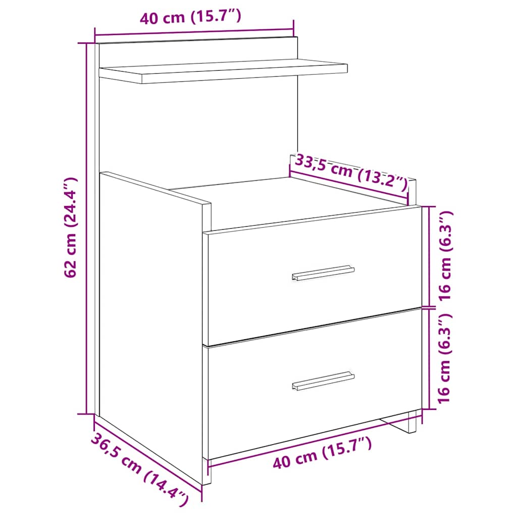sengebord med 2 skuffer sort 40x36,5x62 cm