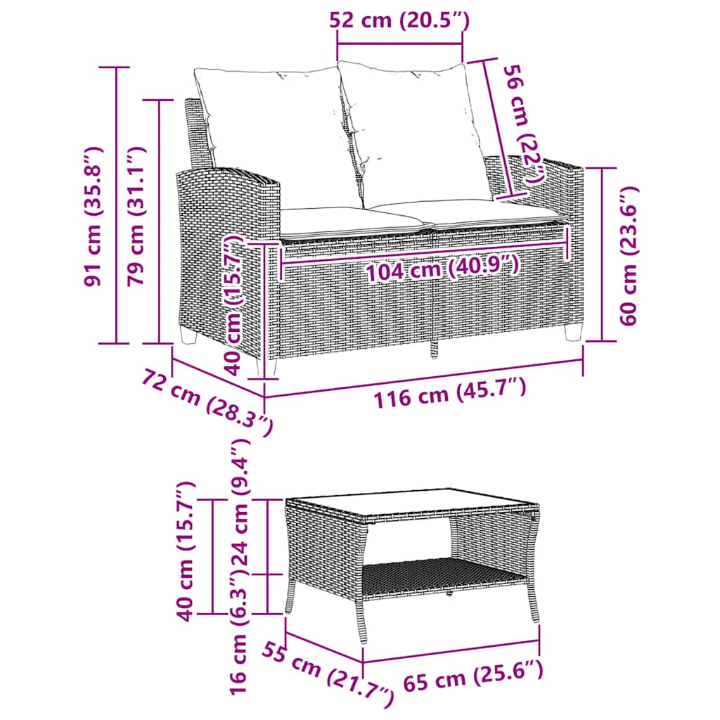 2-personers sofa med hynder og bord polyrattan brun