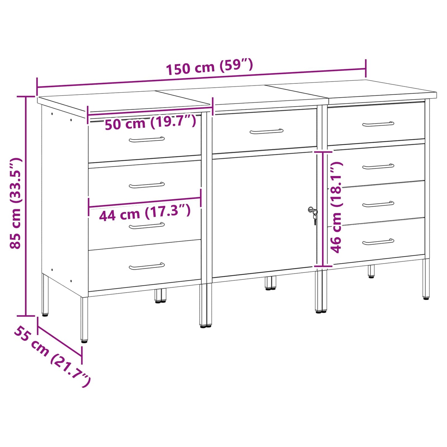 Arbejdsskab med skuffe 3 pcs Sort og grå 150 x 55 x 85 cm