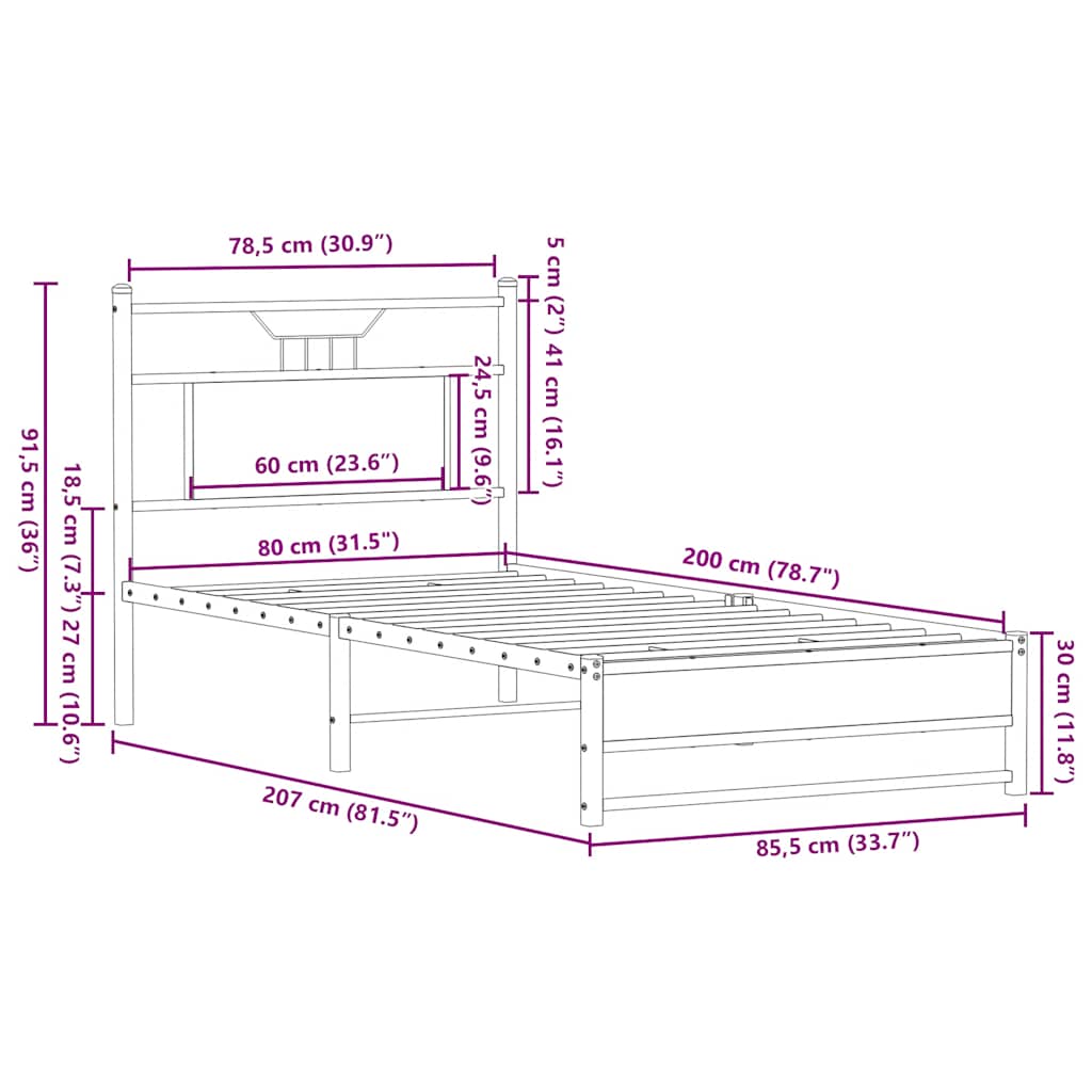 sengeramme 80x200 cm uden madras konstrueret træ sonoma-eg