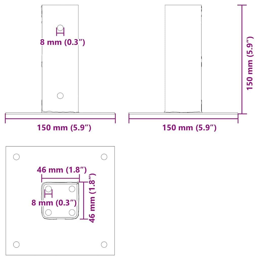 stolpefødder firkantet 12 stk. 46x46 mm pulverlakeret stål