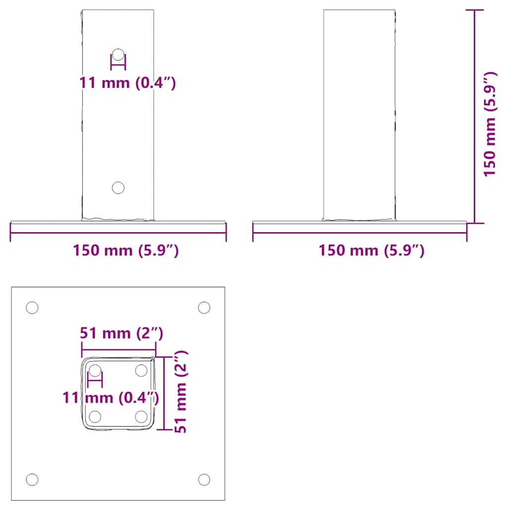stolpefødder firkantet 12 stk. 51x51 mm pulverlakeret stål