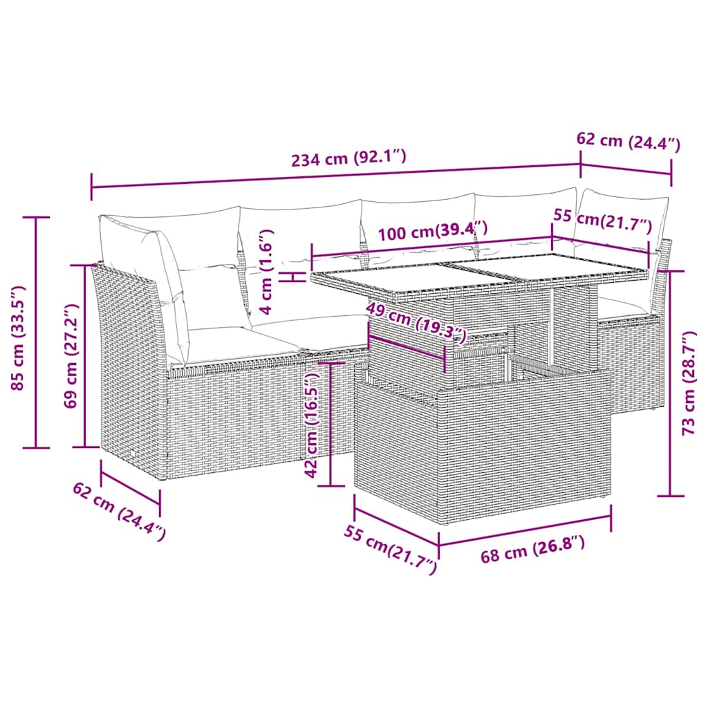 sofasæt til haven 5 dele med hynder polyrattan beige