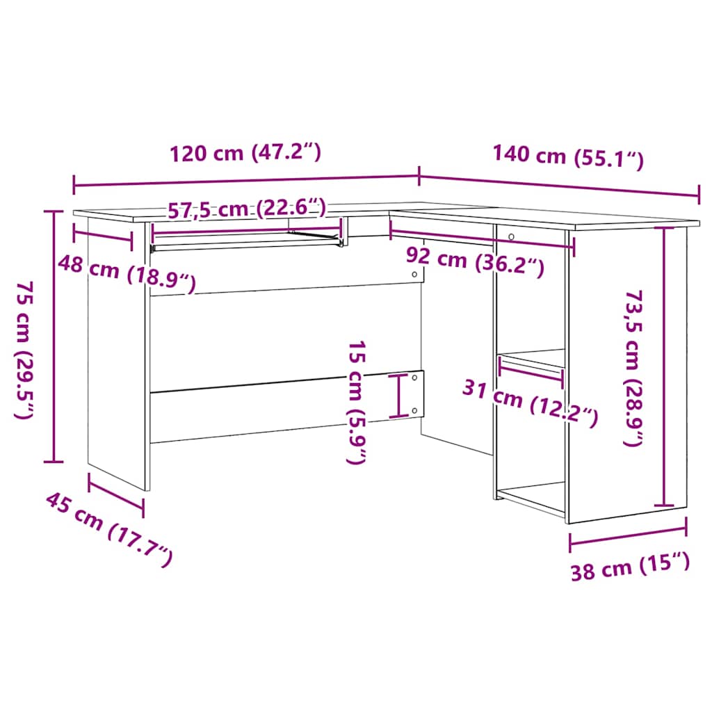 Hjørneskrivebord Sort eg 120 x 140 x 75 cm Konstrueret træ