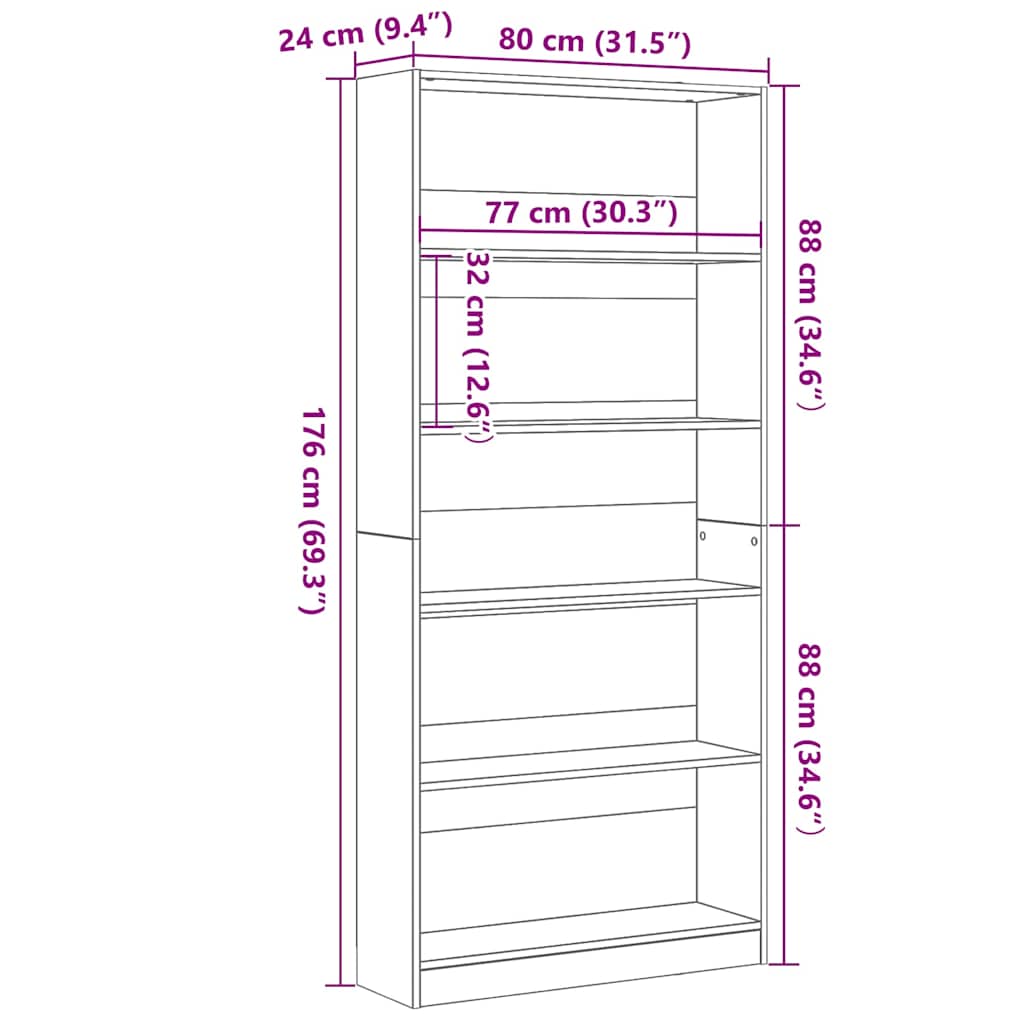 bogreol 80x24x176 cm konstrueret træ sort egetræsfarve