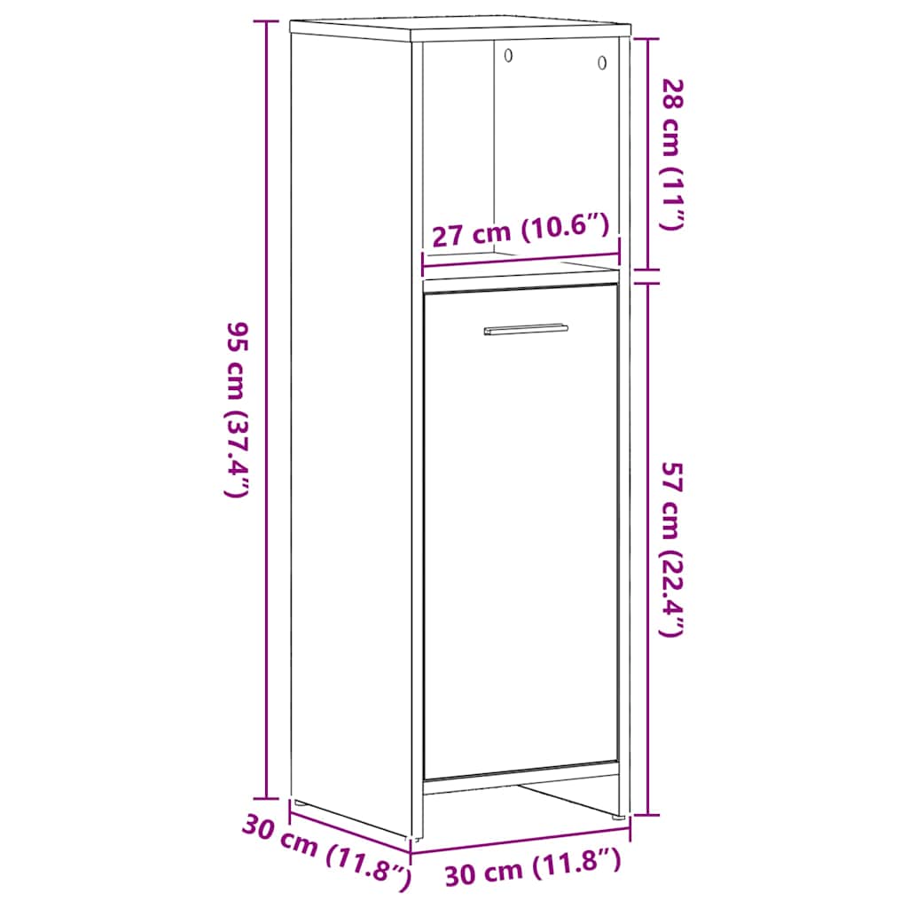 badeværelsesskab sort egetræ 30x30x95 cm konstrueret træ