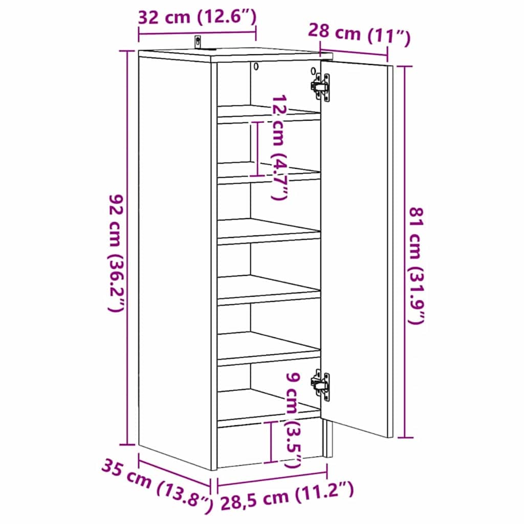 Sko skab med hylde Sort eg 32 x 35 x 92 cm Konstrueret træ