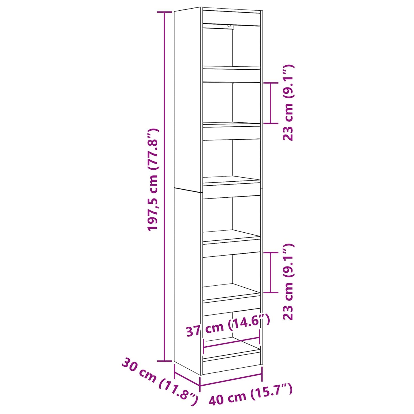 Bogskab 6 niveauer 40 x 30 x 198 cm Konstrueret træ Sort eg