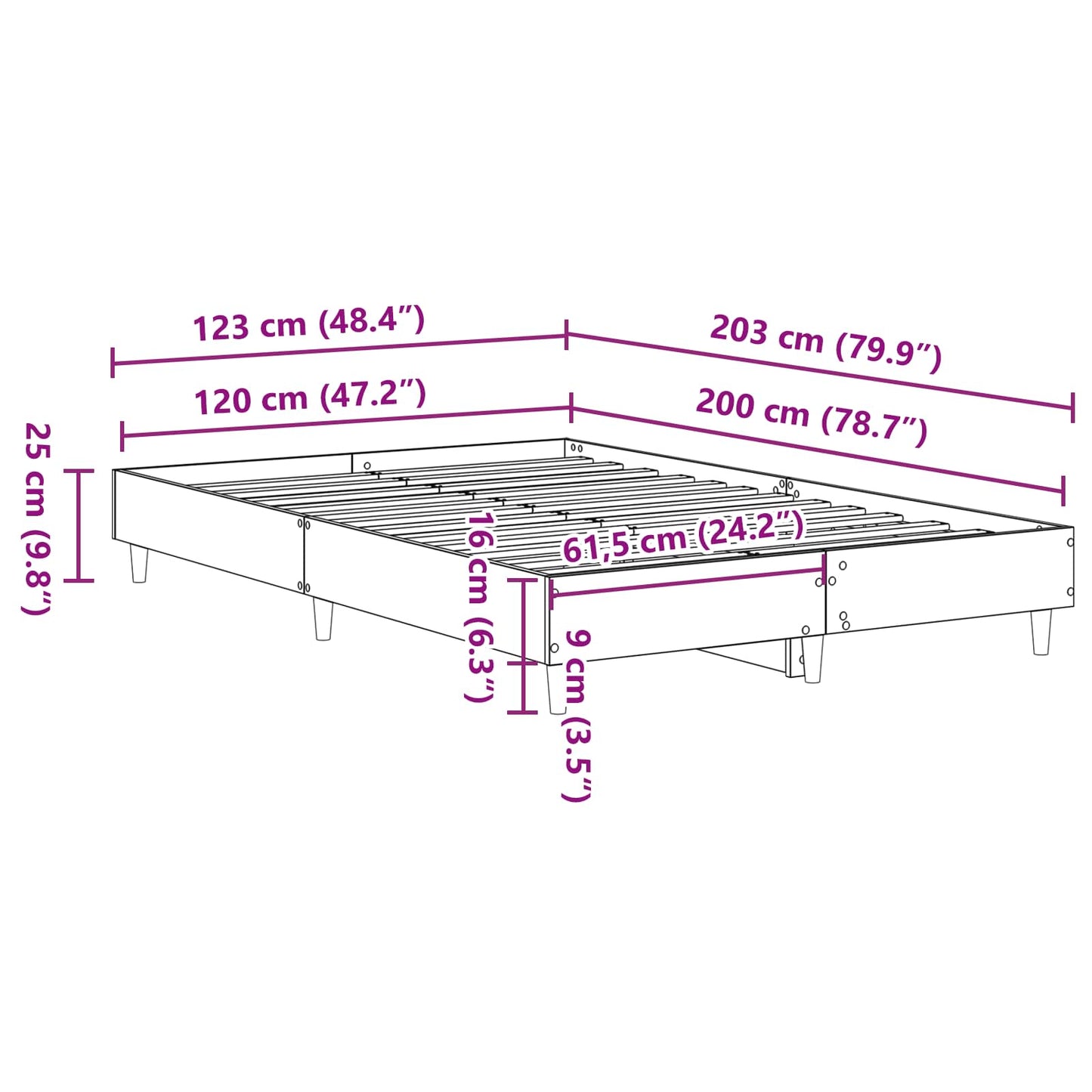 Sengestel Sort eg 203 x 123 x 25 cm Konstrueret træ