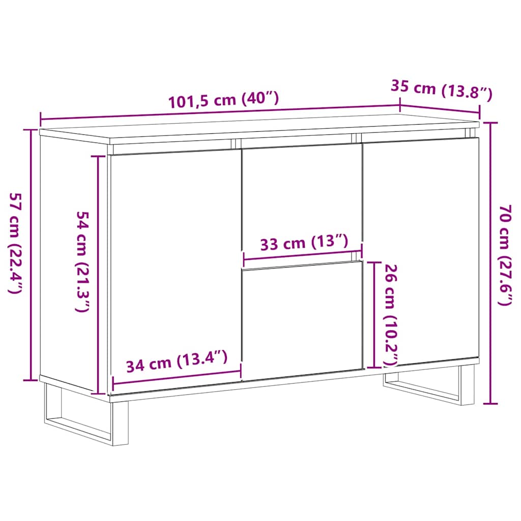 Sideboard med skuffe Sort eg 101,5 x 35 x 70 cm Konstrueret træ