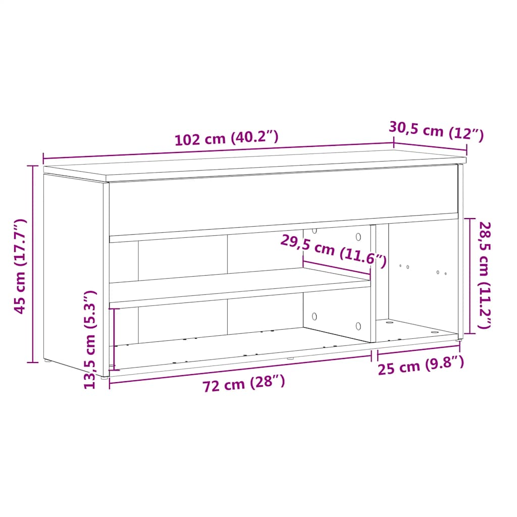 skobænk 102x30,5x45 cm konstrueret træ sort egetræsfarve