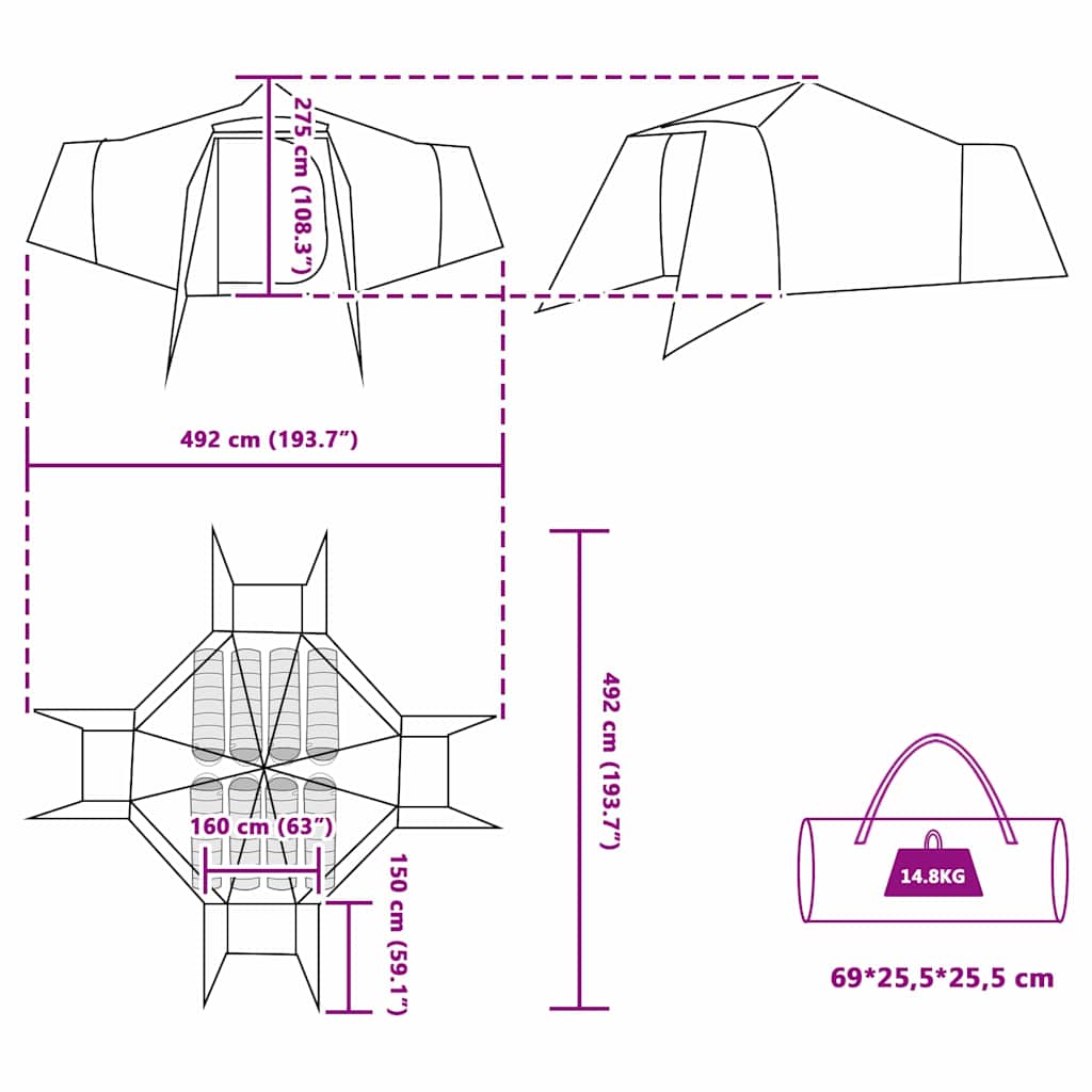 Tipi telt med tag med opbevaring Grøn 492 x 492 x 275 cm taft