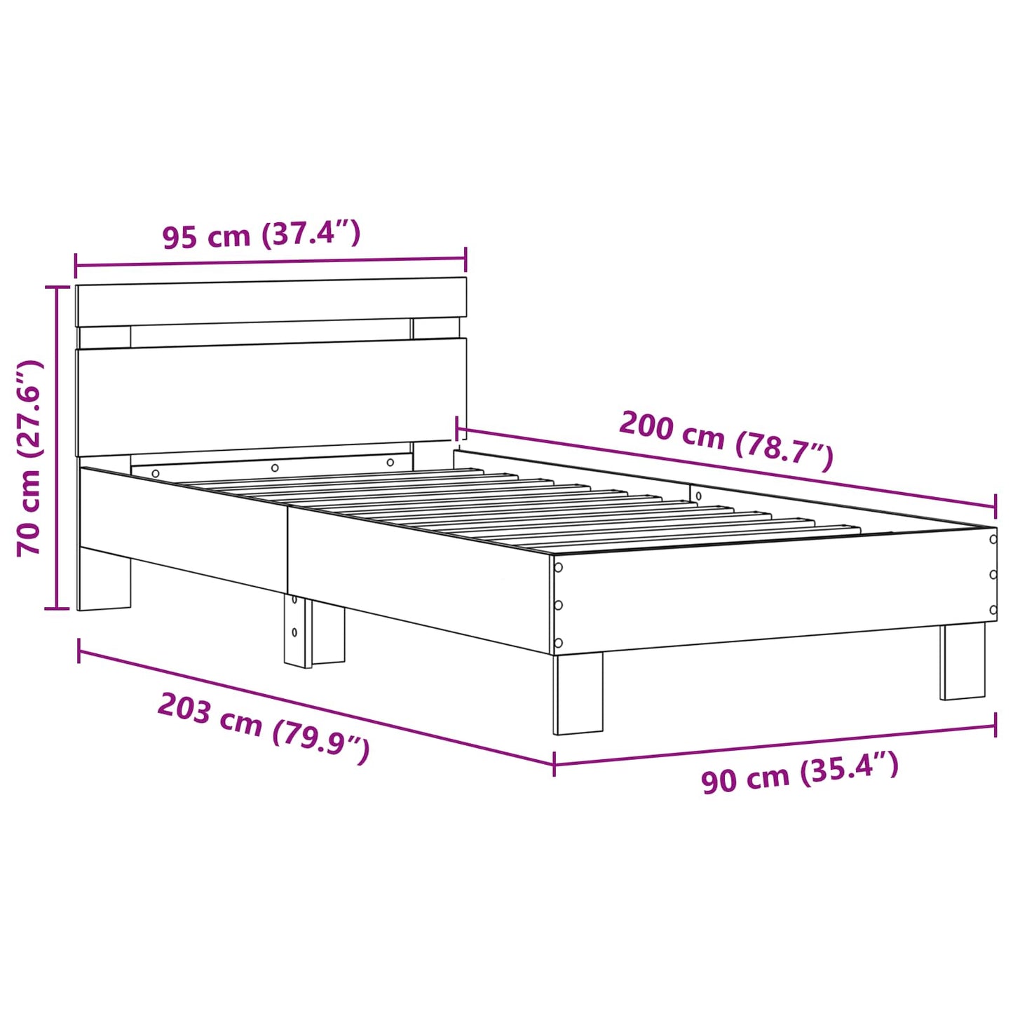 Sengestel med LED Sort eg 90 x 200 cm Konstrueret træ