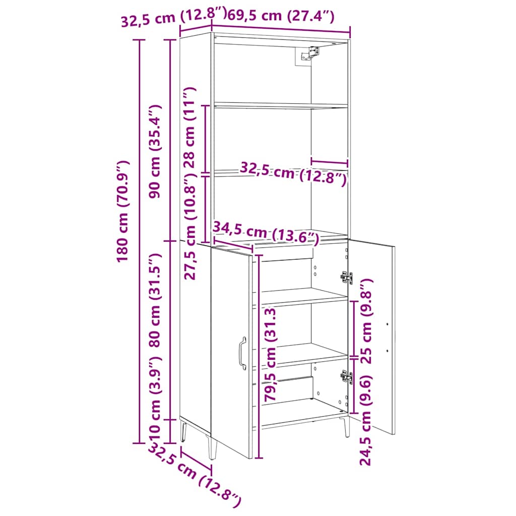 Highboard Sort eg 69,5 x 32,5 x 180 cm Konstrueret træ