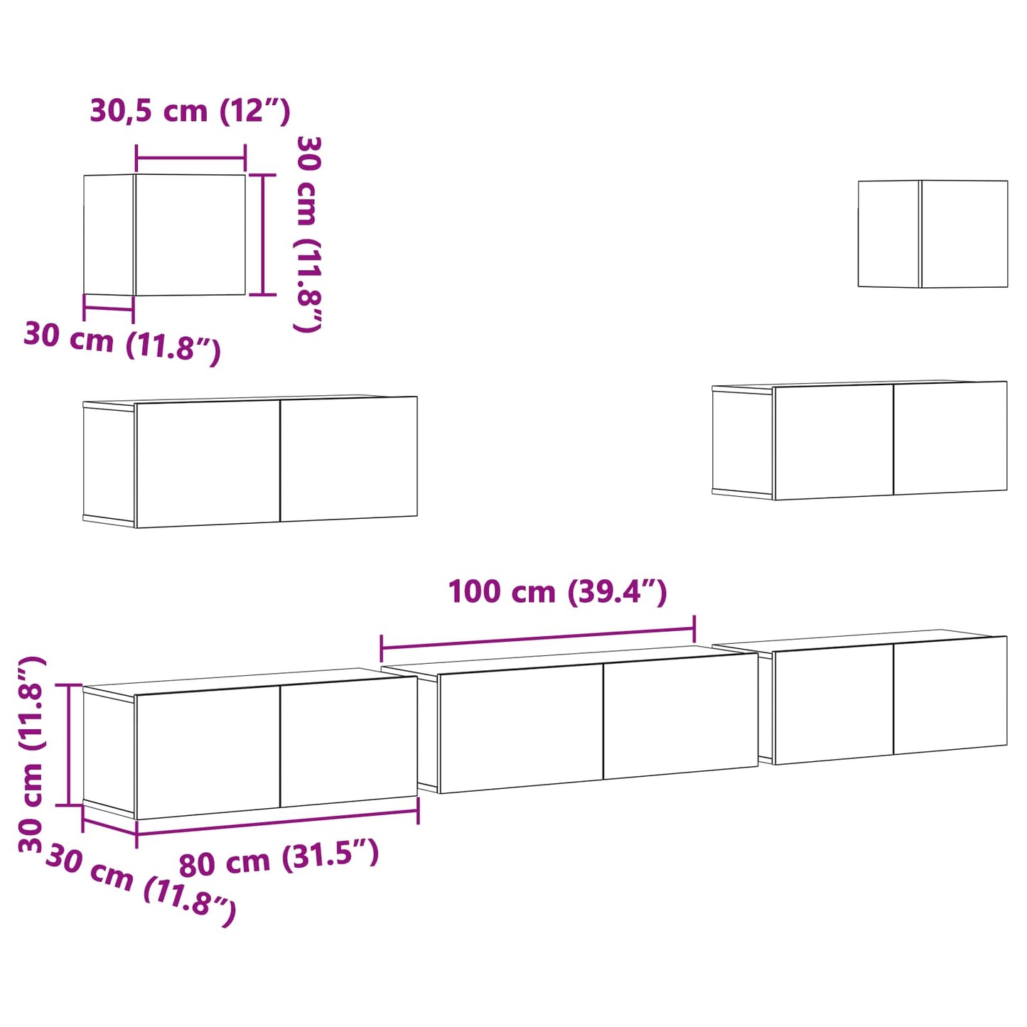 TV-møbelsæt 7 pcs Sort eg 100 x 30 x 30 cm Konstrueret træ