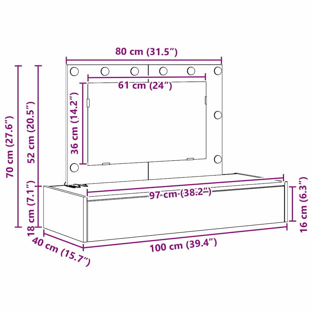 Klædeskab med spejllys Sort 100 x 40 x 70 cm Konstrueret træ