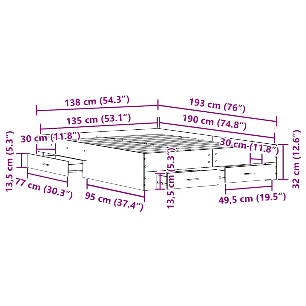 Sengestel med skuffe Sort eg 135 x 190 cm Konstrueret træ