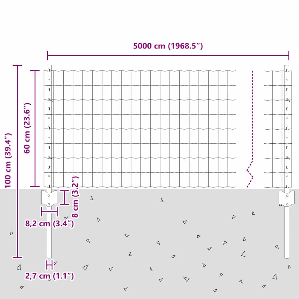 Eurohegn med stolpe 50 x 0,6 m PVC-belagt stål Grå Mesh