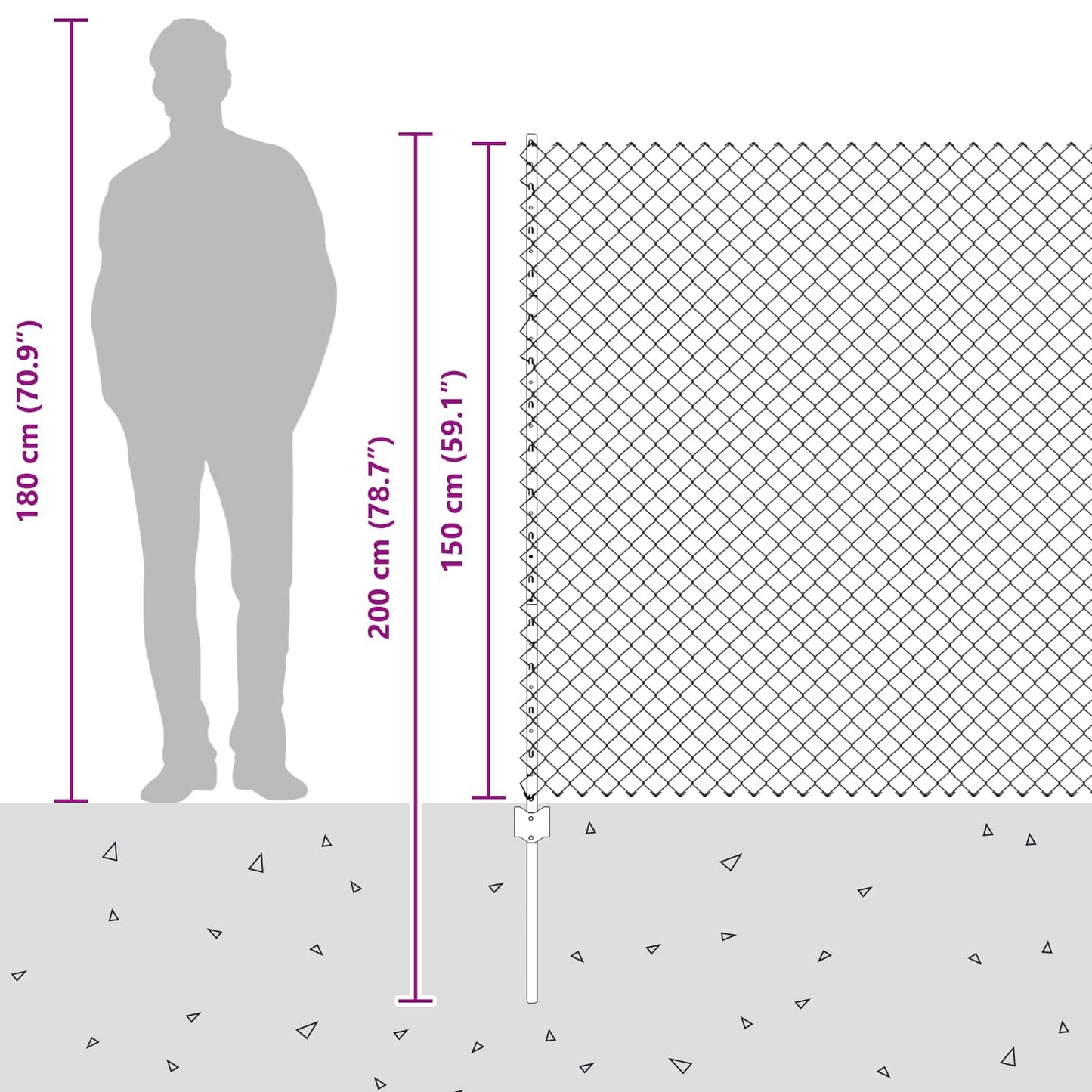 Udendørs kædehegn med stolpe 10 x 1,5 m PVC-belagt stål Grå
