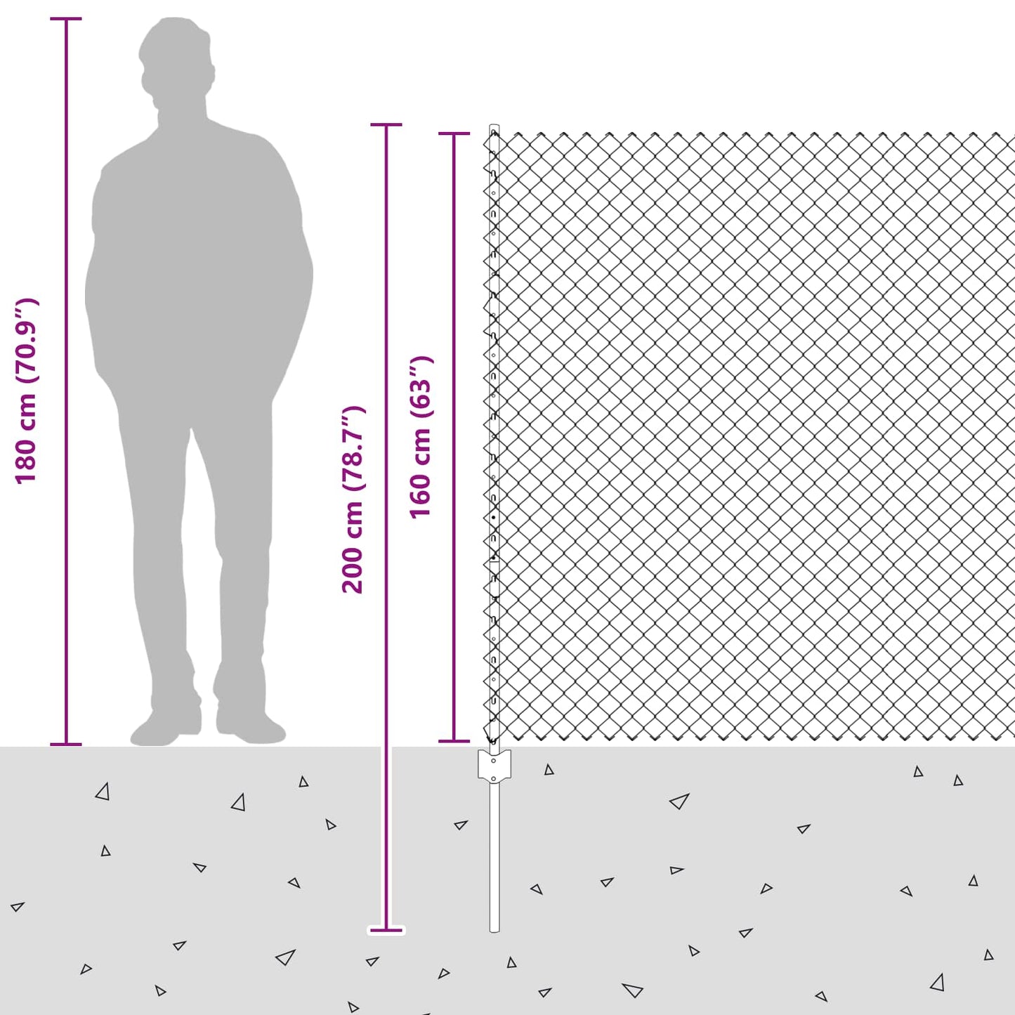 Udendørs kædehegn med stolpe 10 x 1,6 m PVC-belagt stål Grå