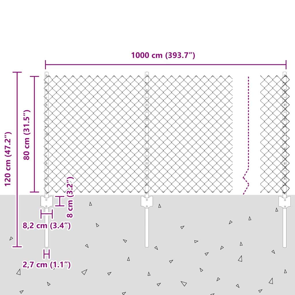 Kæde-link hegn med stolpe 10 x 0,8 m Galvaniseret stål Sølv