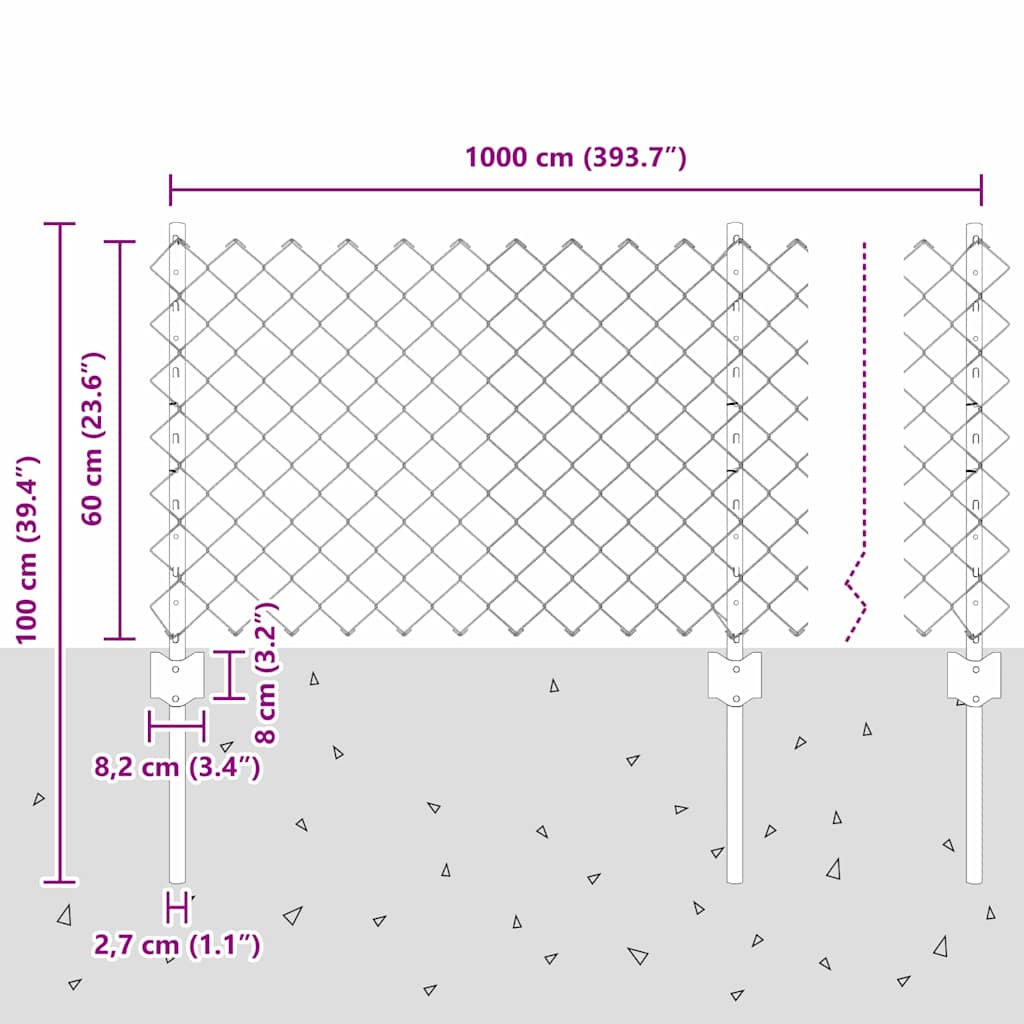 Kæde-link hegn med stolpe 10 x 0,6 m Galvaniseret stål Sølv