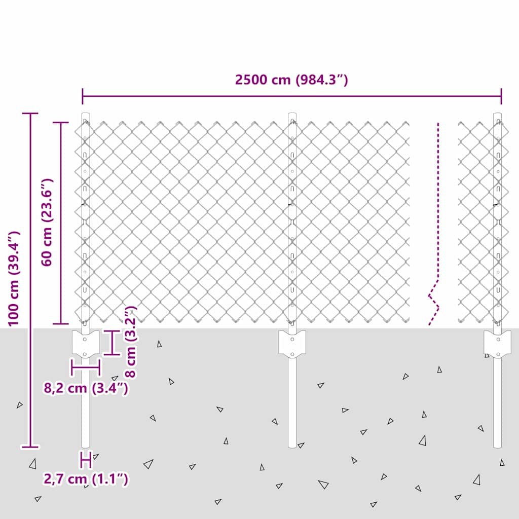 Kæde-link hegn med stolpe 25 x 0,6 m Galvaniseret stål Sølv