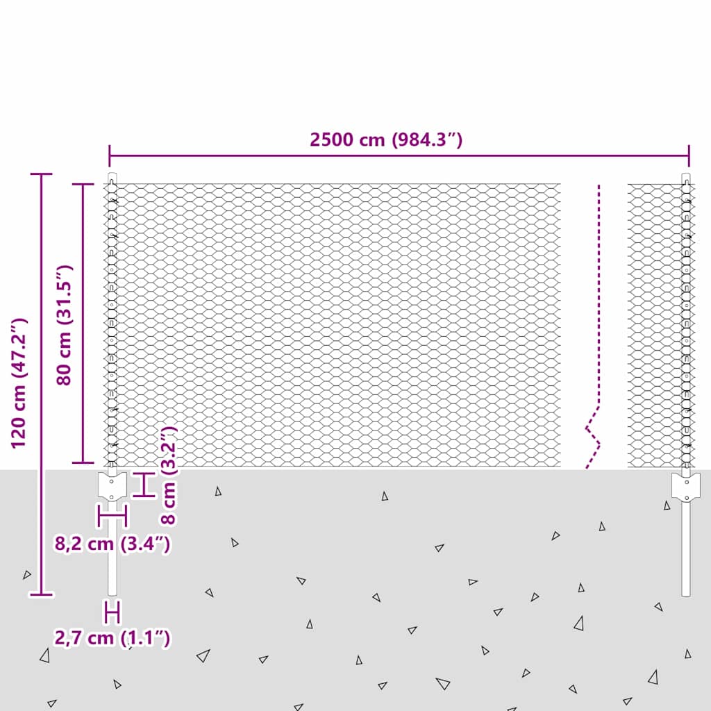 Sekskantet hegn med stolpe 25 x 0,8 m PVC-belagt stål Grå Mesh