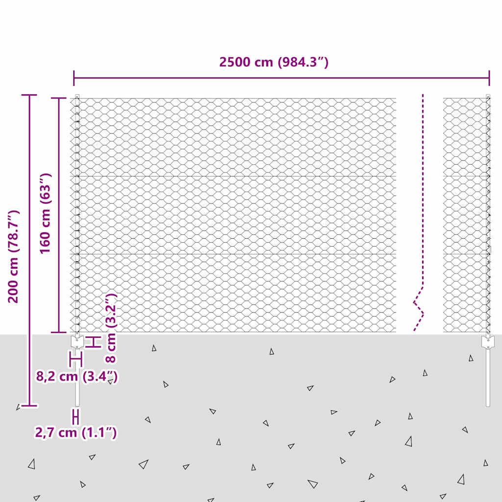 Sekskantet hegn med stolpe 25 x 1,6 m Galvaniseret stål Sølv