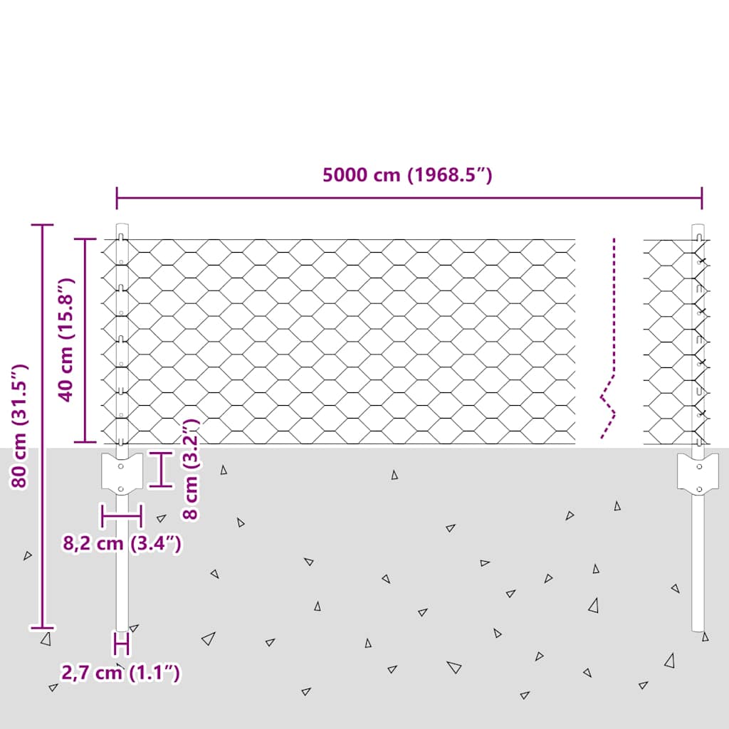 Sekskantet hegn med stolpe 50 x 0,4 m Galvaniseret stål Sølv