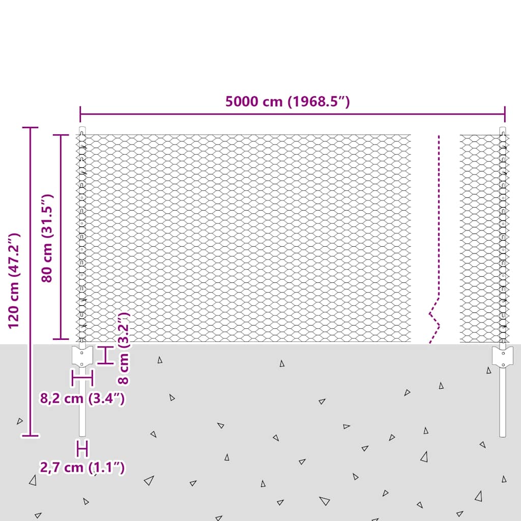 Sekskantet hegn med stolpe 50 x 0,8 m Galvaniseret stål Sølv