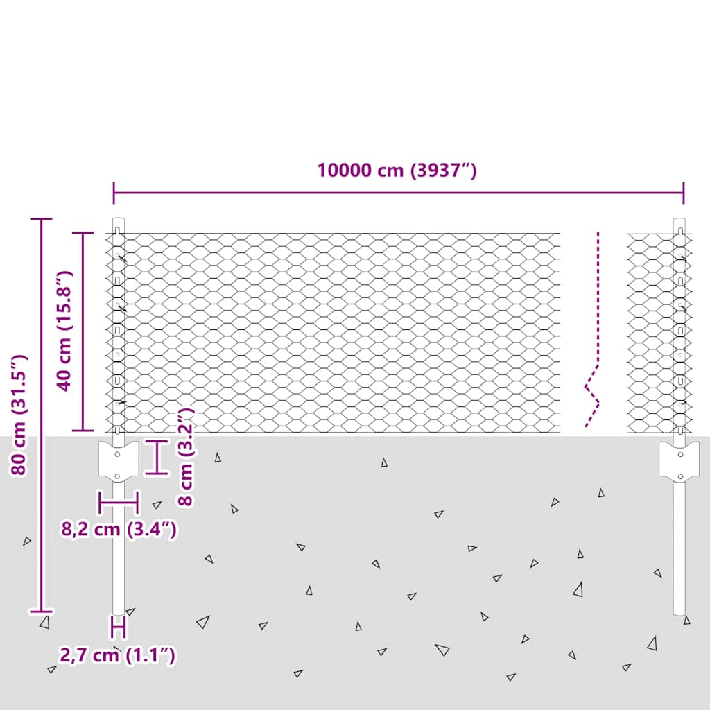 Sekskantet hegn med stolpe 100 x 0,4 m Galvaniseret stål Sølv