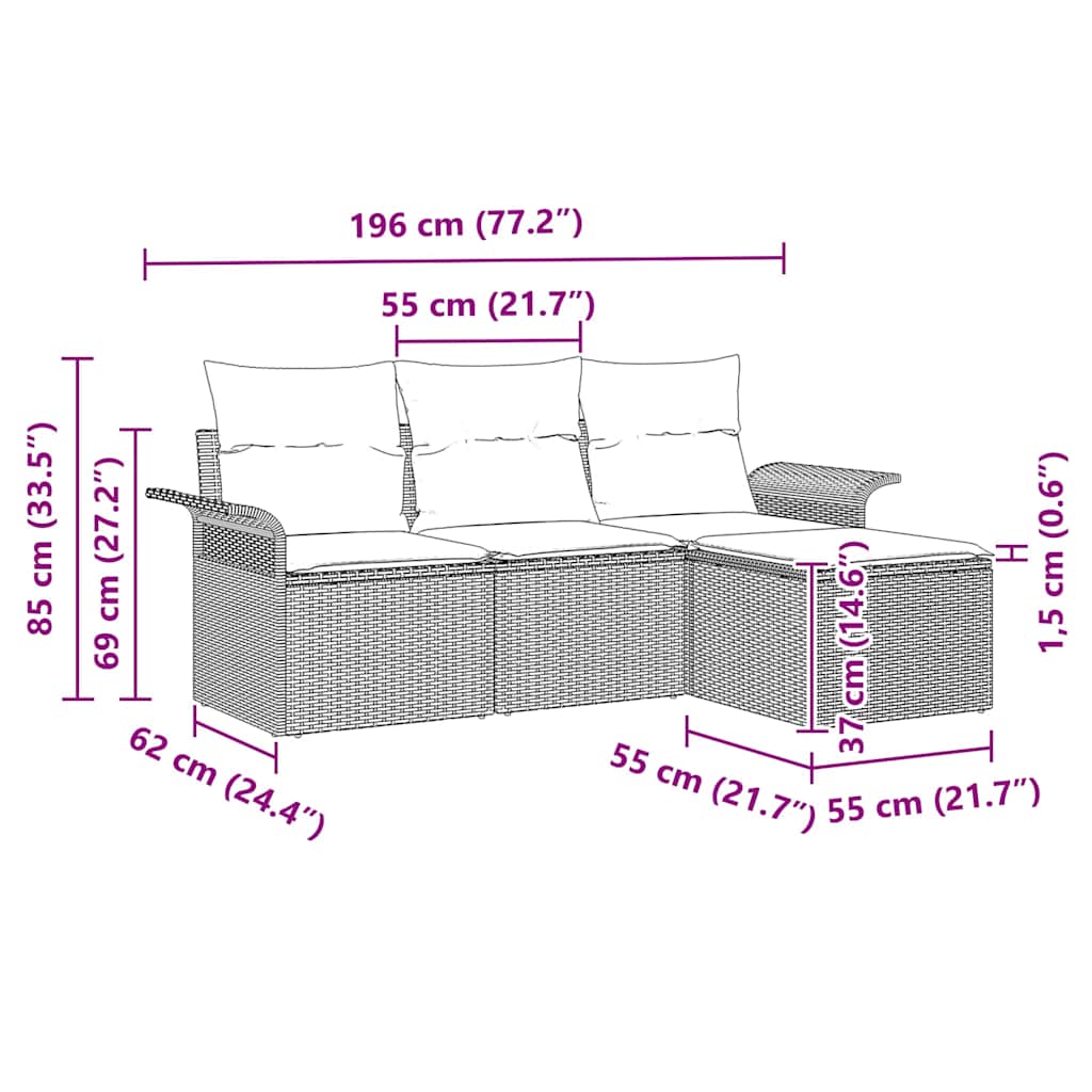 Sofa Sæt med pude 4 pcs Grå polyrattan