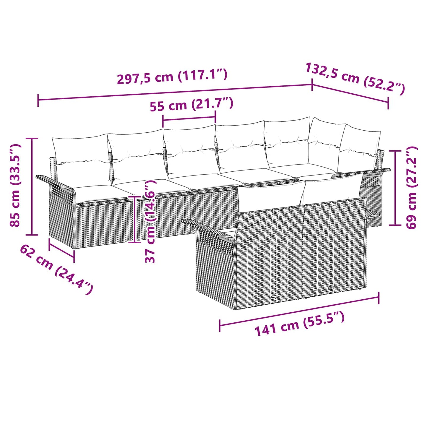 Havesofa Sæt med pude 8 pcs Grå polyrattan