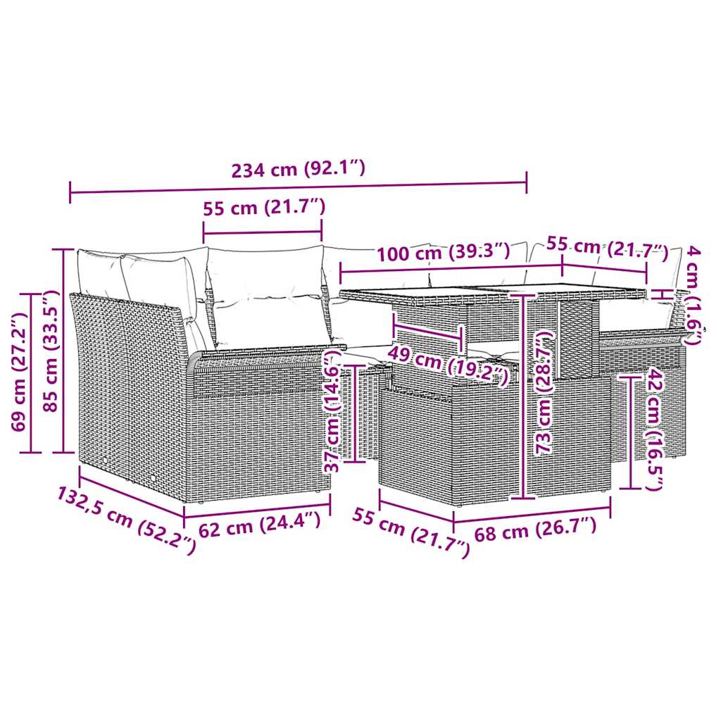 Havesofa Sæt med pude 7 pcs Grå Poly rattan