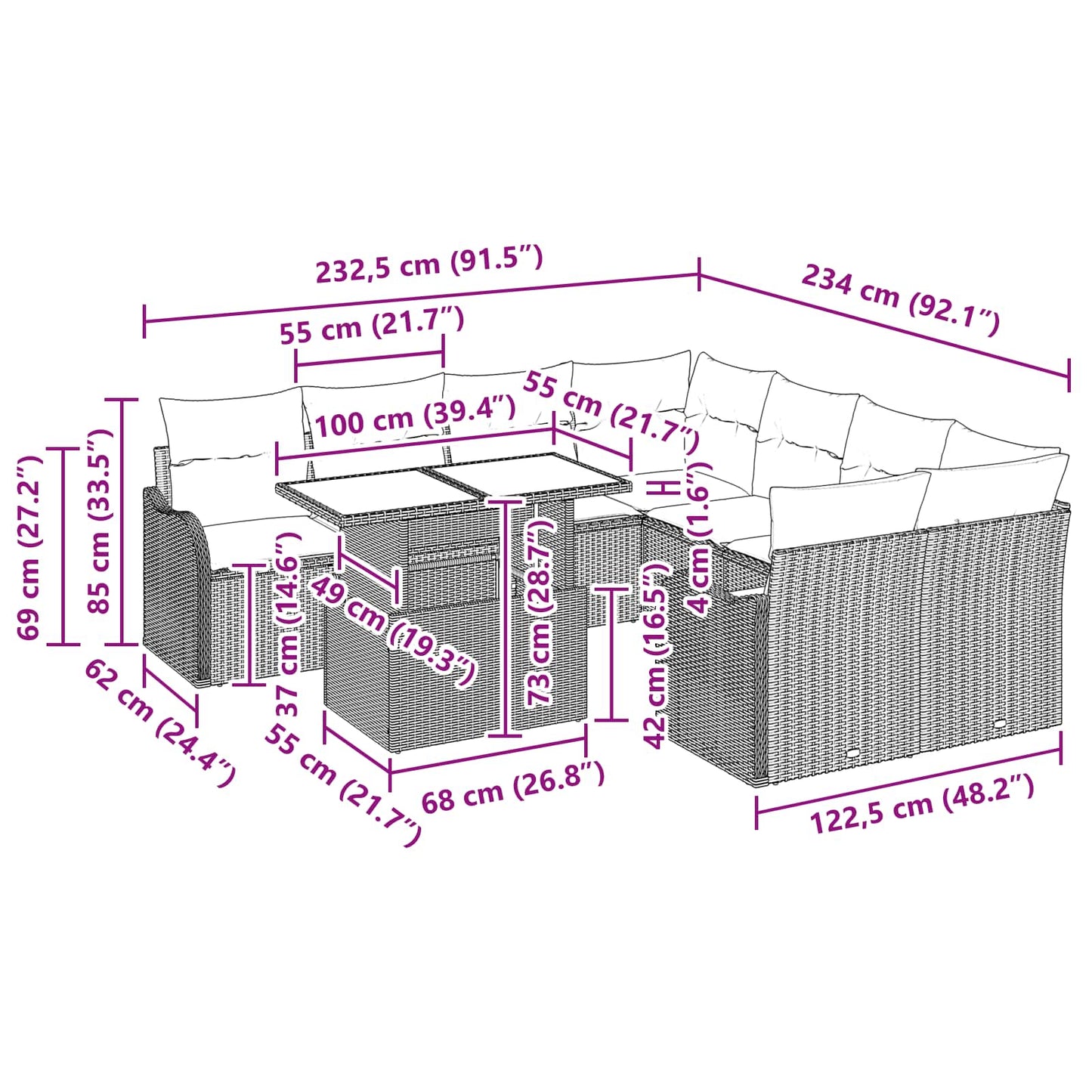 Havesofa Sæt med pude 9 pcs Brun Poly rattan
