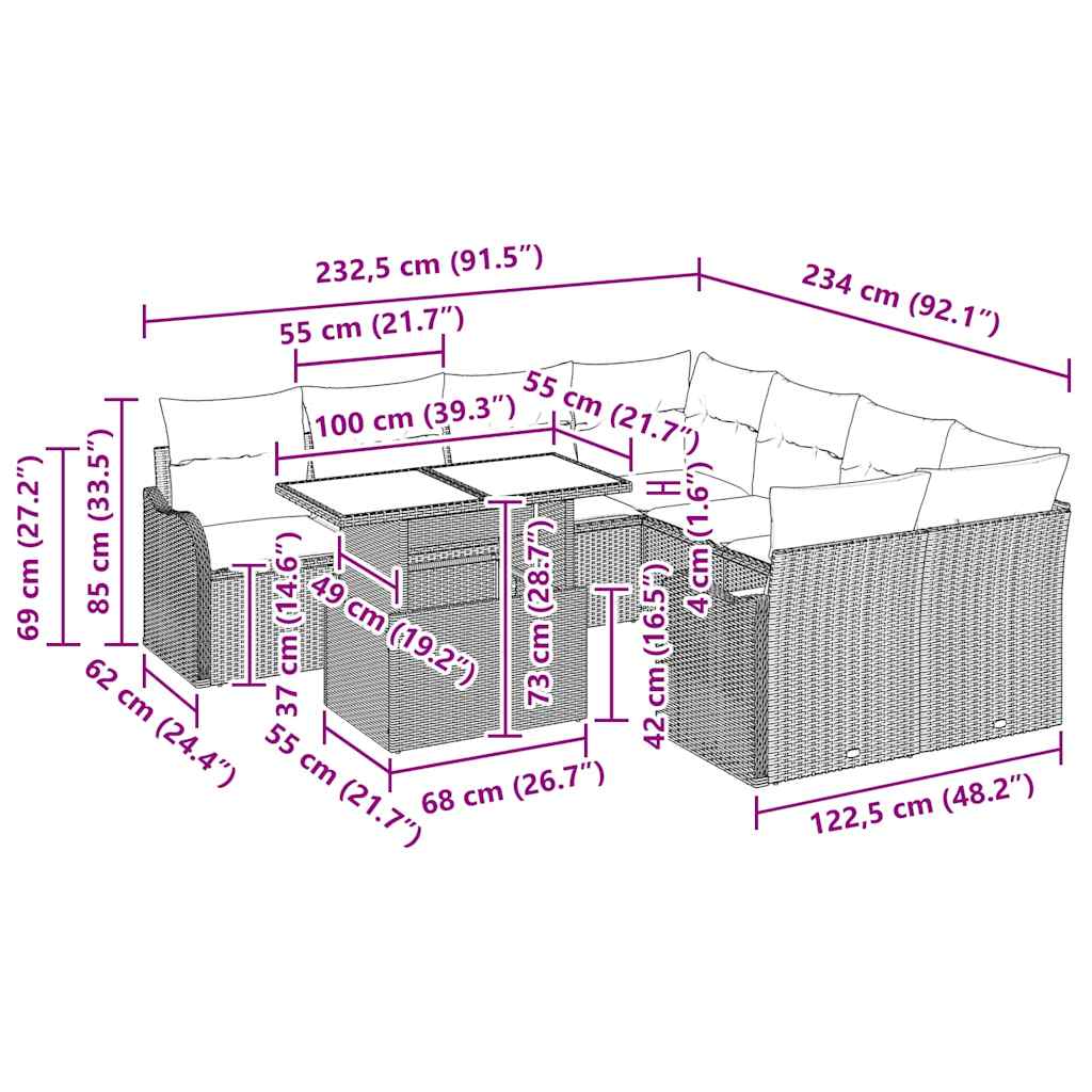 Havesofa Sæt med pude 9 pcs Sort Poly rattan