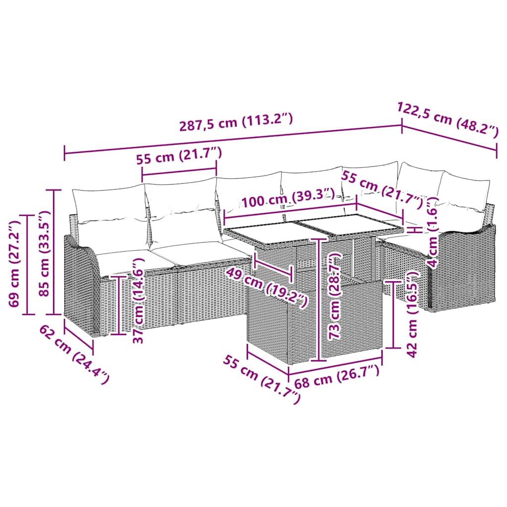 Sofa Sæt med pude 7 pcs Lysegrå Poly rattan
